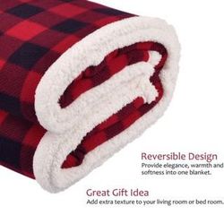 Red Buffalo Plaid Sherpa Throw TV Blanket W/Carry Bag, 50"x60", Super Soft Warm Comfy Plush Fleece Thumbnail