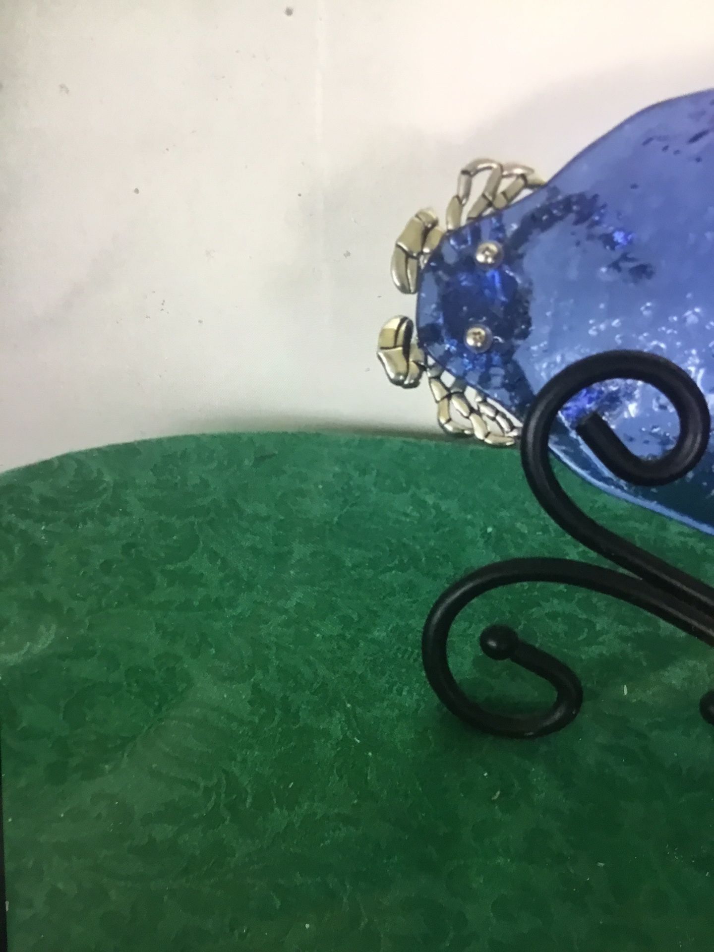 Mud pie large blue bubble glass oblong serving Dish /tray With Silver Tone Crab