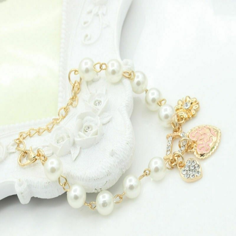 Fashion Gold Plated Women's Jewelry Crystal Heart Bangle Pearl Bracelet Hot