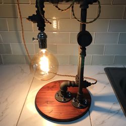 Industrial Steel Pipe& Edison Bulb Lamp, Red Cider Wood Base Thumbnail