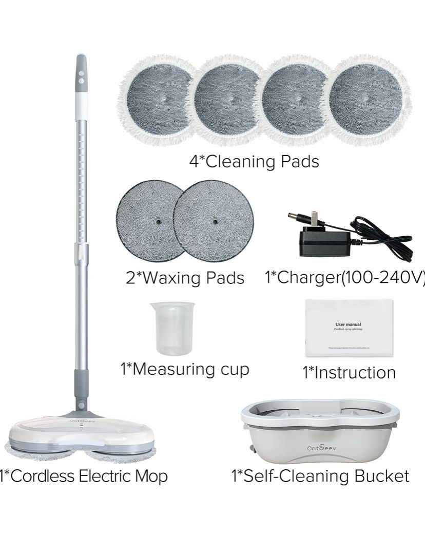 Ontseev Cordless Electric Mop & Bucket for Floor Cleaning Auto Self Clean Spin-Dry Spray Mop Scrubber Floor Cleaner Machine Rechargeable Low Noise