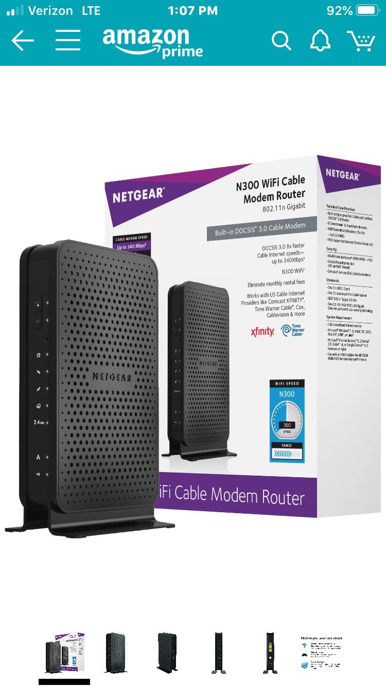 NETGEAR C3000-100NAS N300 (8x4) WiFi DOCSIS 3.0 Cable Modem Router (C3000) Certified for Xfinity from Comcast, Spectrum, Cox, Cablevision & More