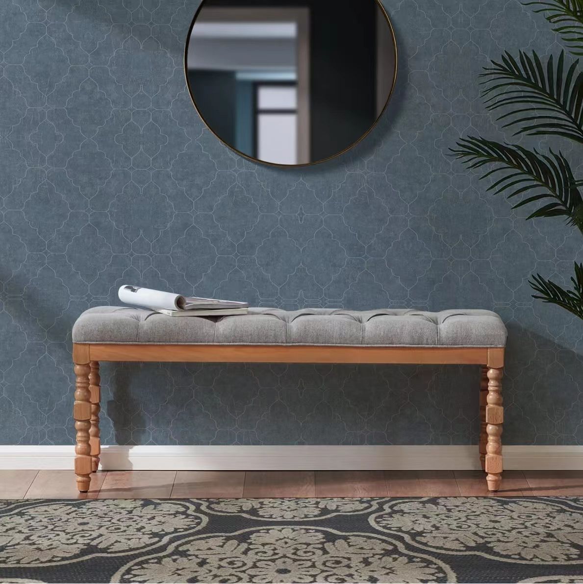 HUIMO Entryway Bench,Upholstered Dining Bench46-inch Button-Tufted Fabric End of Bed Bench for Bedroom, Living Room, Hallway, Seat for Kitchen, French