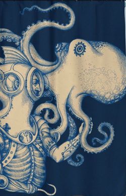 Society6 Octopus Shower Curtain Set Nautical Bathroom Decor Kraken and Scuba Diver Gold Tentacles Blue Polyester Fabric clear plasti hooks included Thumbnail
