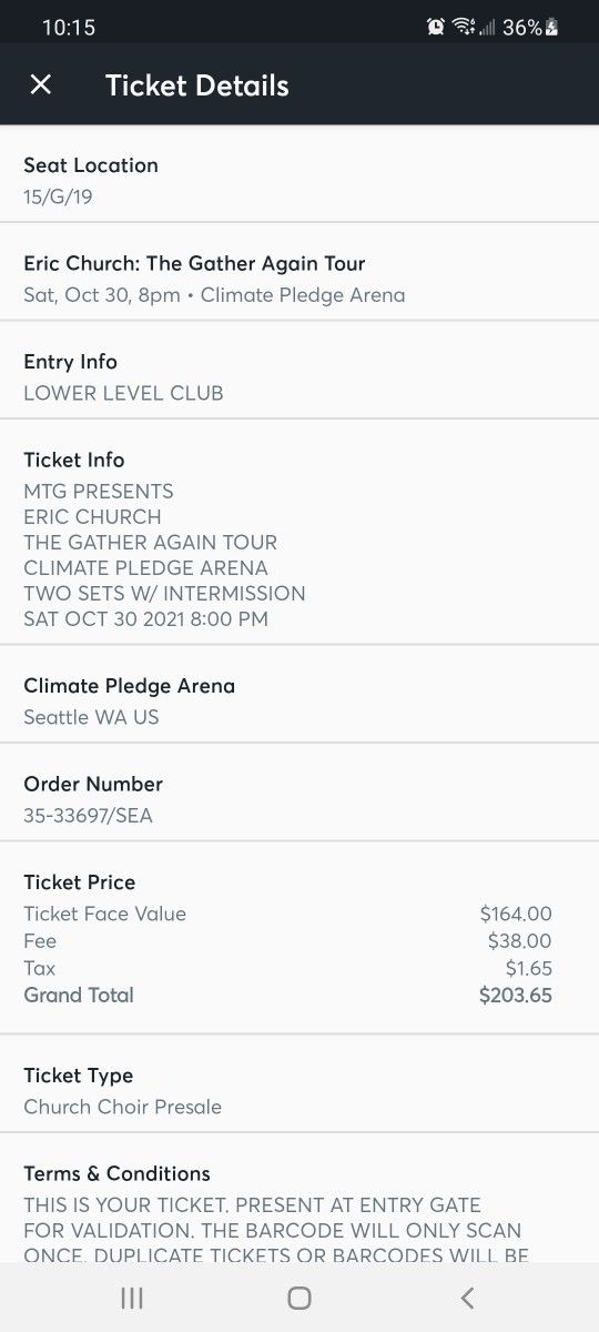 Eric Church Amazing Seats 10/30 Seattle