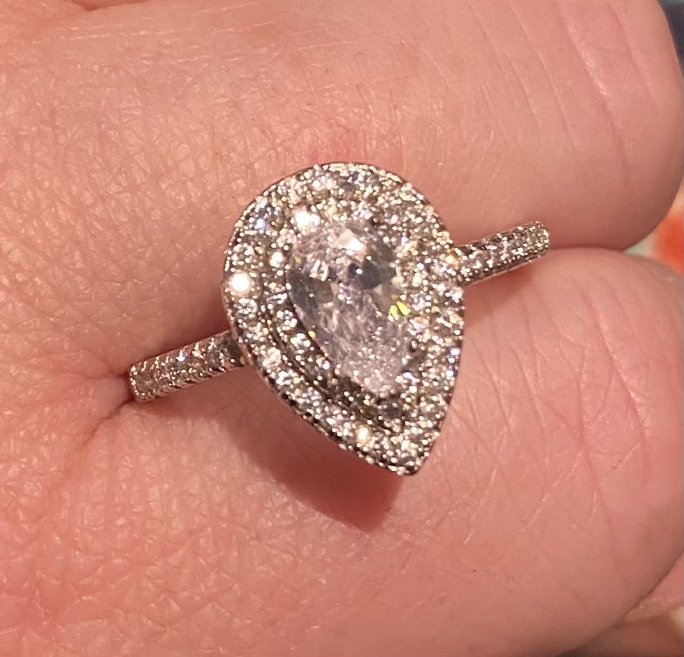 Tear Cut Diamond Double Halo Silver Ring S925 Sz 6 & 9