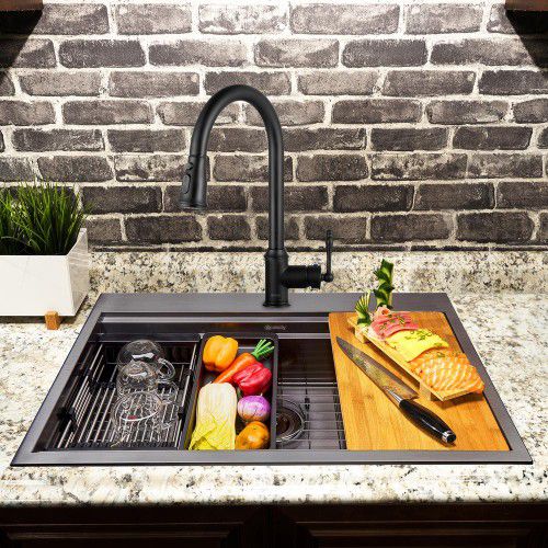 AKDY All-in-One Matte Black Finished Stainless Steel 30 in. x 22 in. Single Bowl Drop-in Kitchen Sink with Pull-down Faucet- #75105-OS