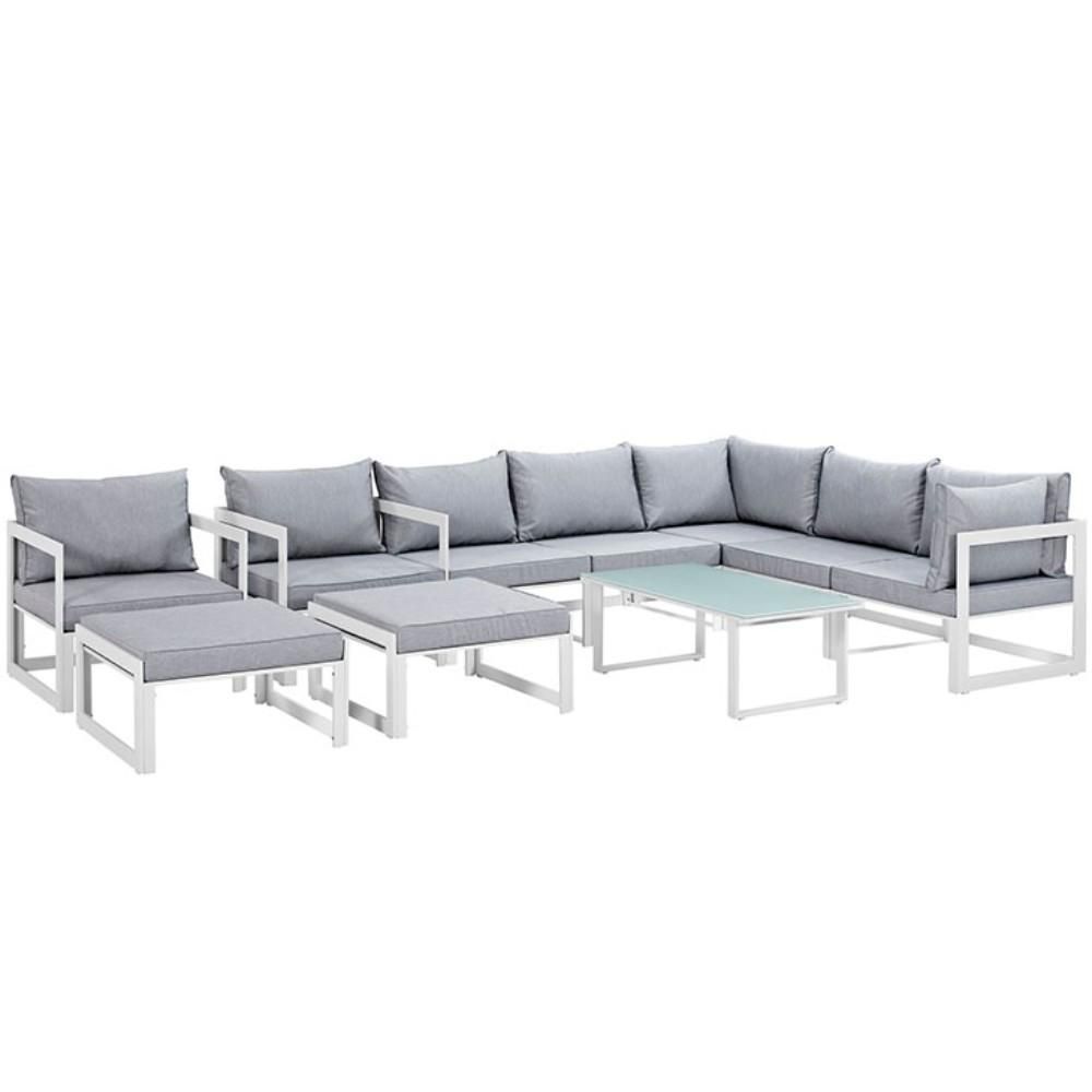 Fortuna 10 Piece Outdoor Patio Sectional Sofa Set, White Gray