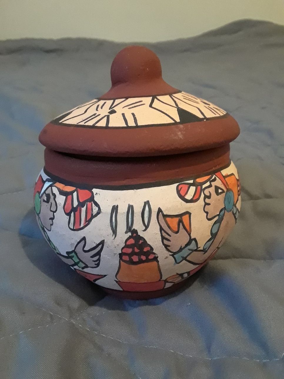 Mayan pots with lids; set of 2 ceramic Aztec handmade lidded containers