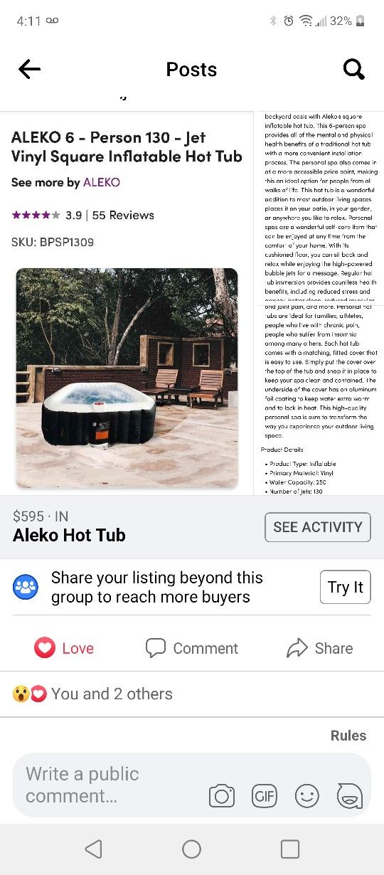Aleko Hot Tub ,Seats 6,jets 130 Brand New