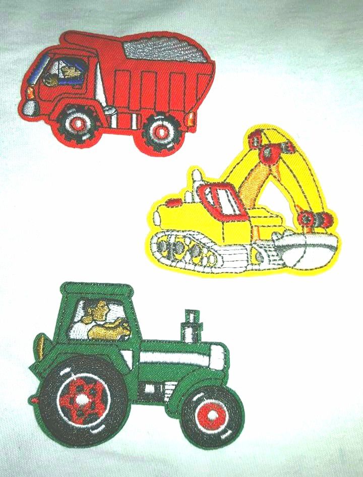 Set of 3 New Kid's Construction Patches. Dump Truck, Digger and Farm Tractor. Iron on or sew. Embriodered