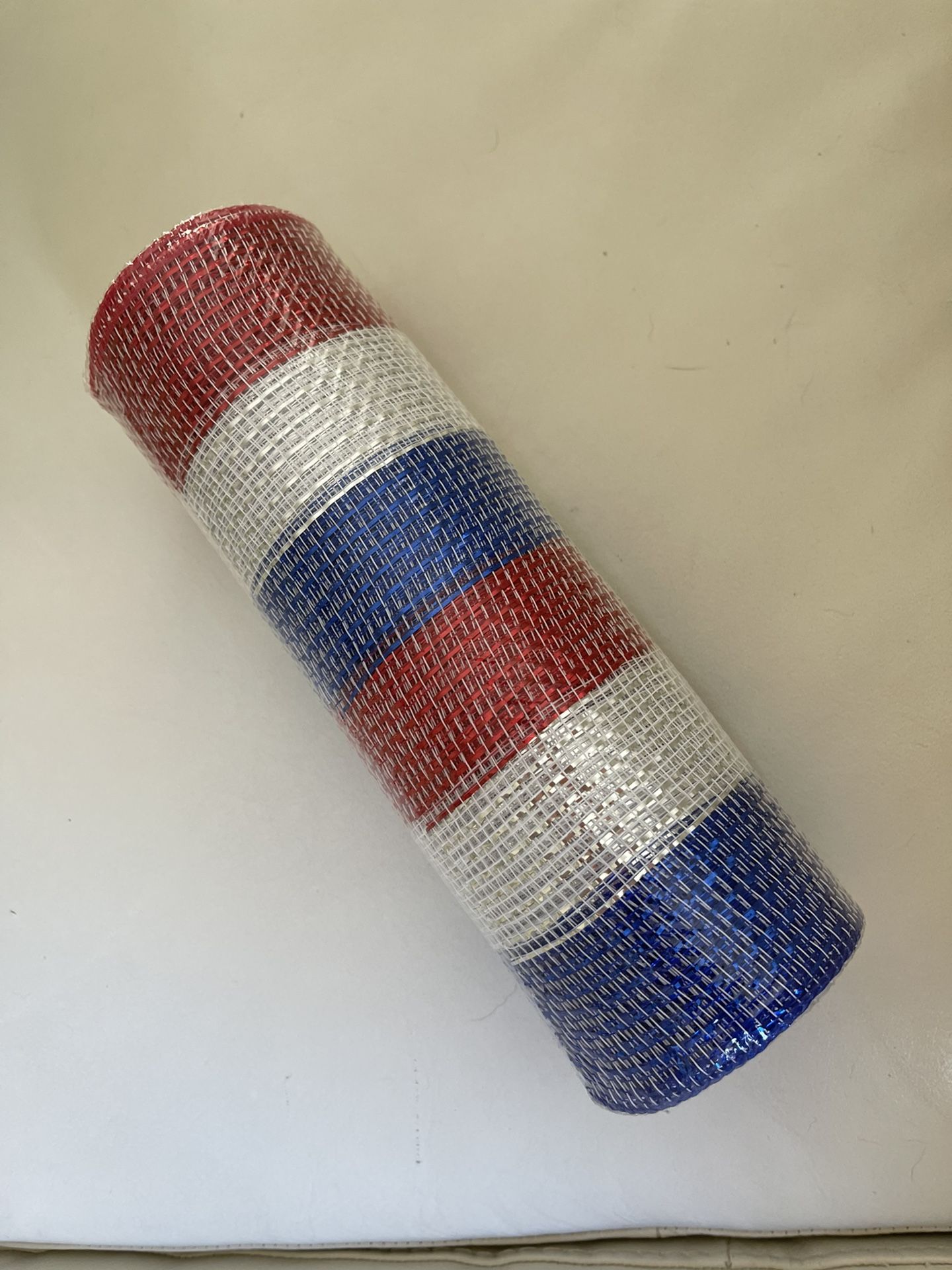 Patriotic 10” Wide Poly Deco Mesh: Metallic Red, White & Blue Stripes