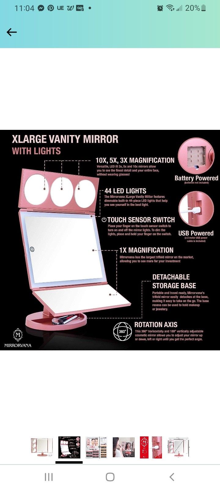 Mirrorvana TriFold Dimmable Light XL Vanity Mirror 160° swivel & Free Brush Holder