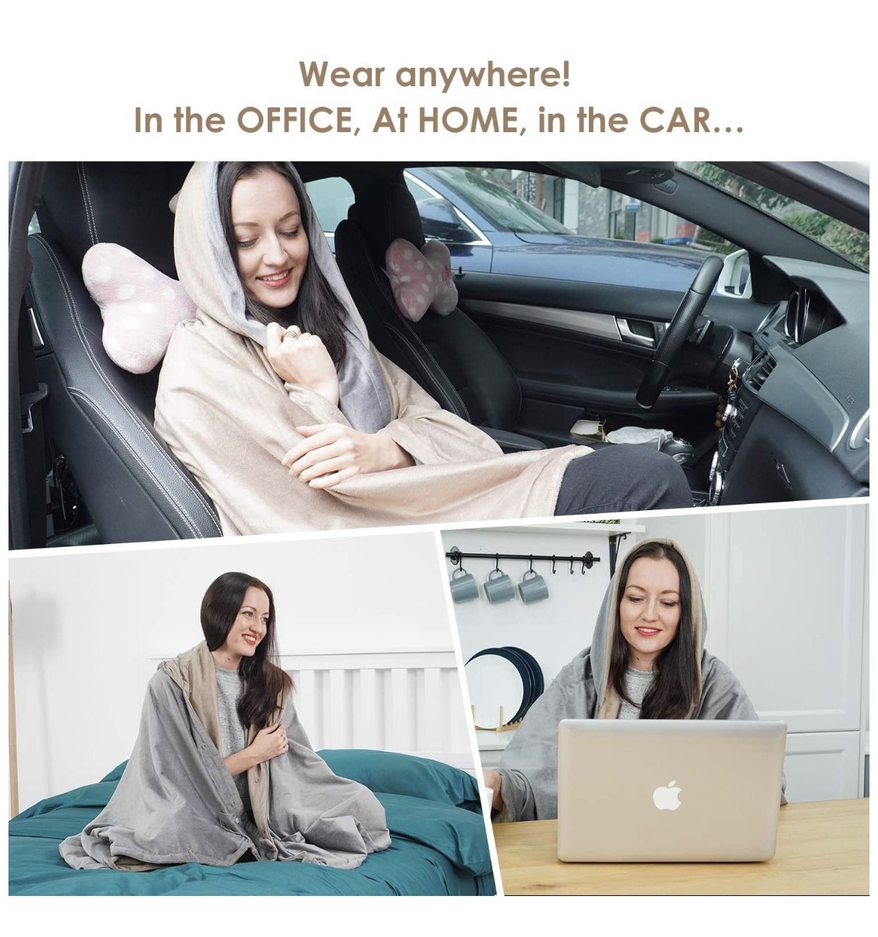 Wearable Electric Blanket, Portable Poncho Wrap, Cordless Rechargeable Heated Shawl Blanket, Super Soft & Warm Fleece, Home Office & Travel Use, Machi