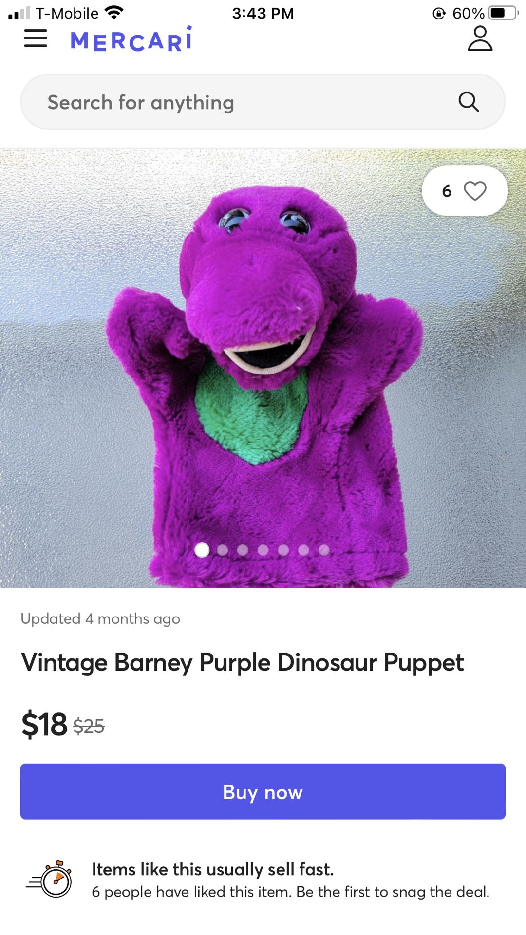 Vintage 9 Inch  Barney hand Puppet 