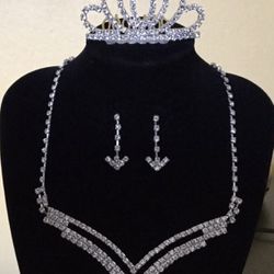 Wedding Party Prom Crystal Necklace Earrings Tiara jewelry set Thumbnail