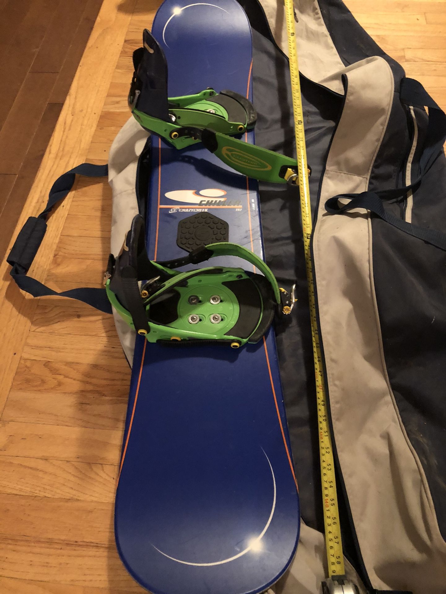 Snowboard with boots and bag