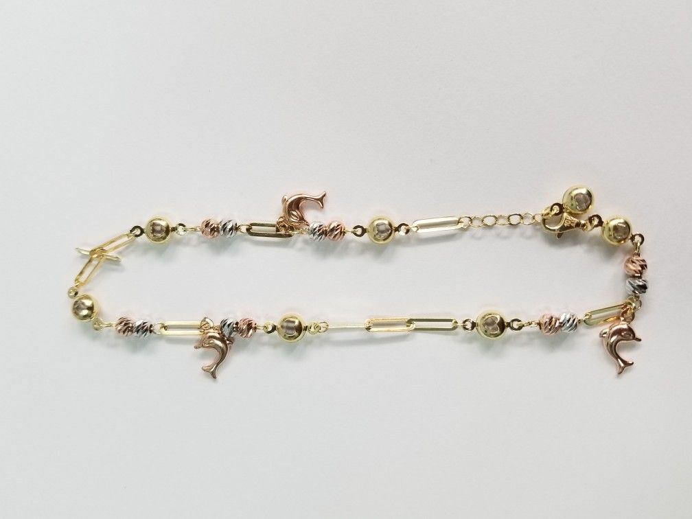 10k Yellow White Rose Ball Diamond Cut Gold Dolpine Anklet Paper Clip Oro Rose Blanco Amarillo Tobillera 10 Inches Pulgadas