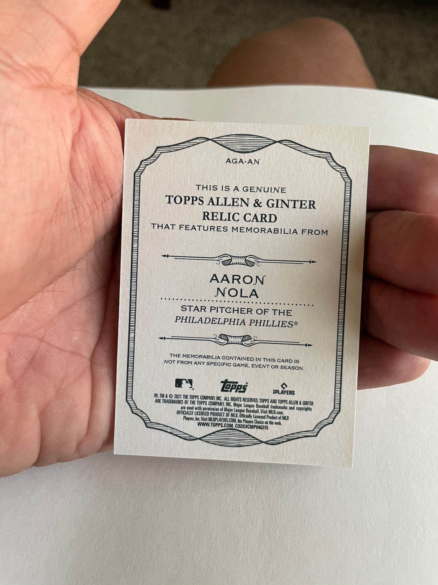 2021 Topps Allen & Ginter Aaron Nola Relic Card 