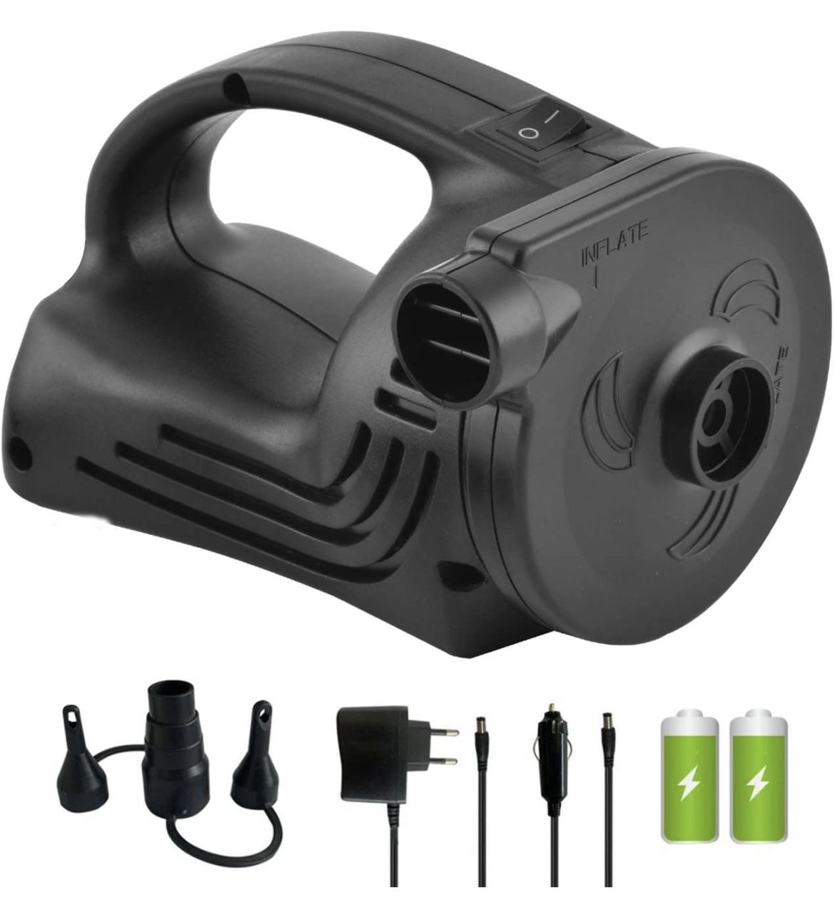 Rechargeable Air Pump Electric Air Mattress Pump for Inflatable Portable USB Charging Quick-Fill inflator deflator with 3 Nozzles 110V AC & 12V DC Ada
