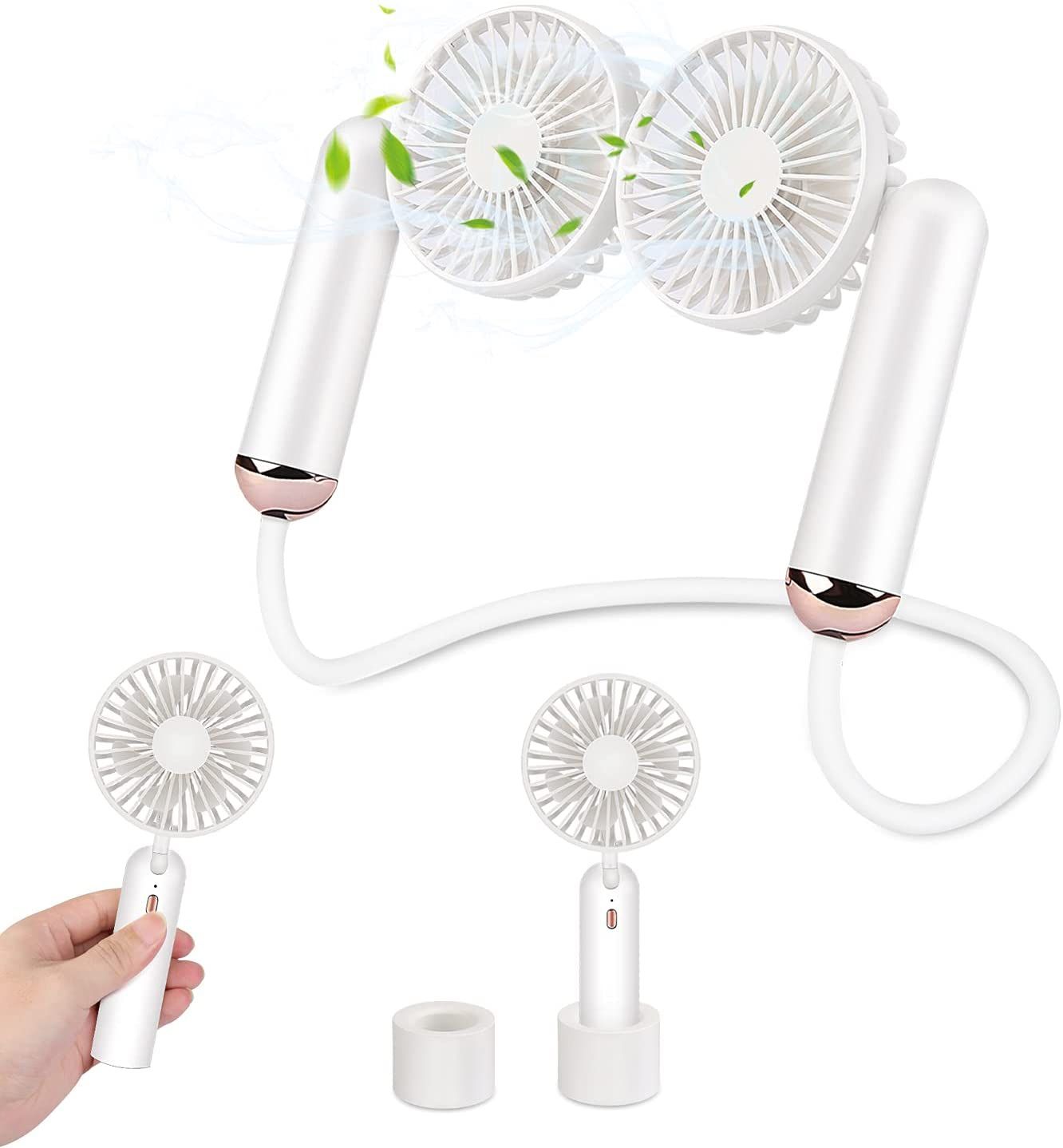 Portable Neck Fan, Portable Fan Rechargeable USB Hand Held Fan Battery Operated for Stroller, Personal Fan with 3 Speeds Adjustable Detachable 2 Desk
