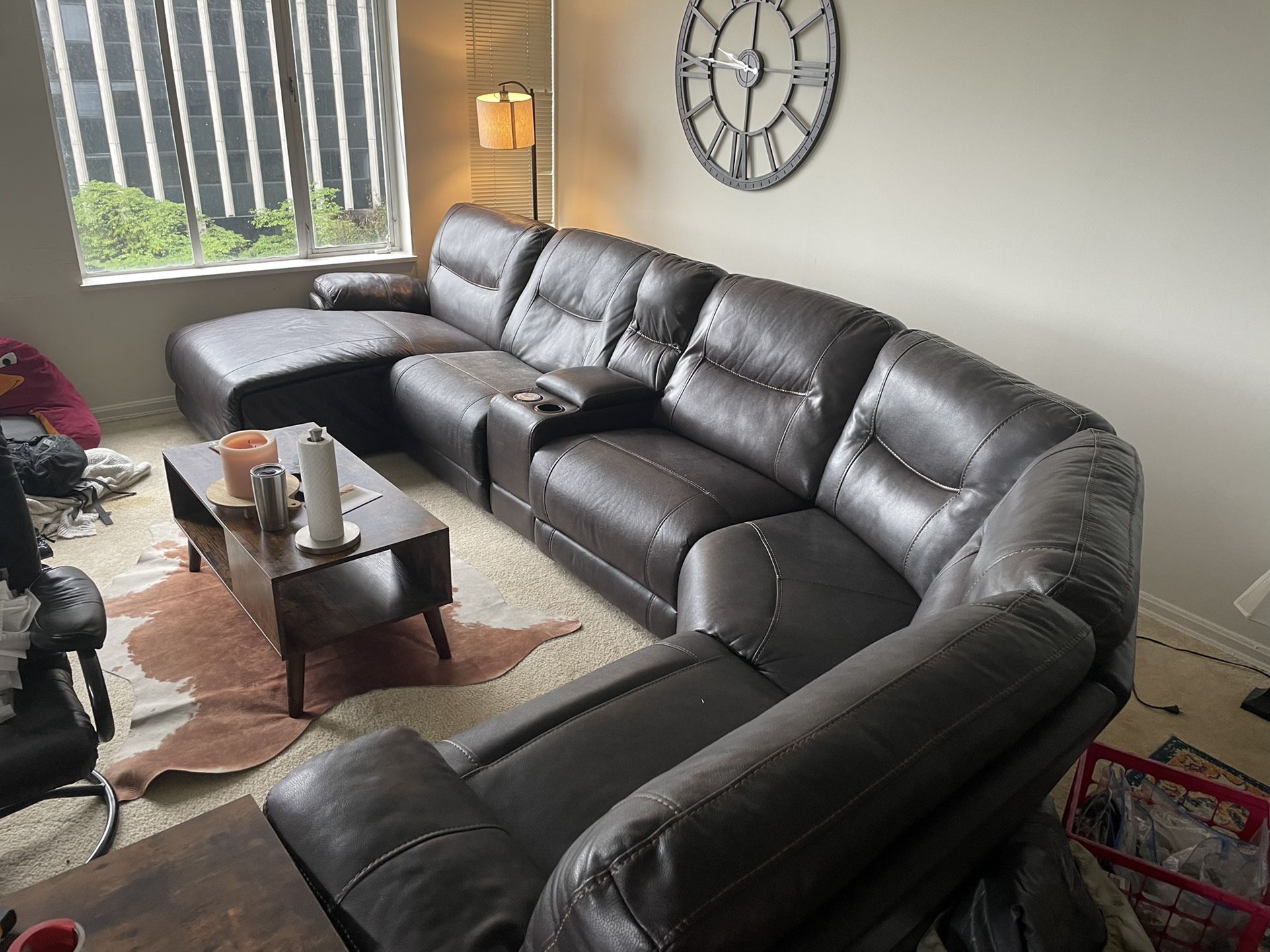 Large Brown Leather U Shape Recliner Sectional Sofa Couch
