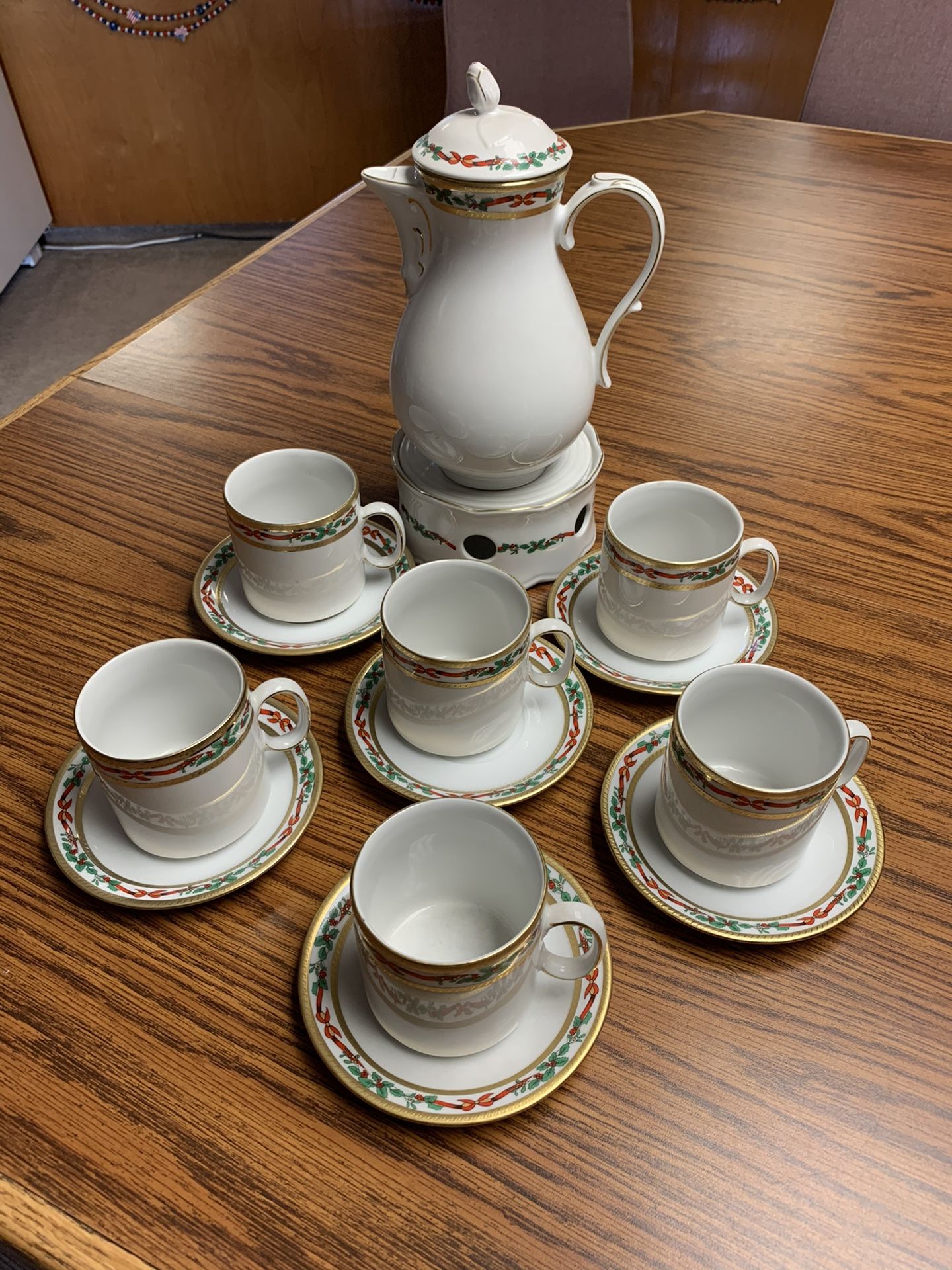 Bavarian China 16 pc Coffee Set w/ Christmas Holly Ribbons, Bows & Evergreen with Gold Trim
