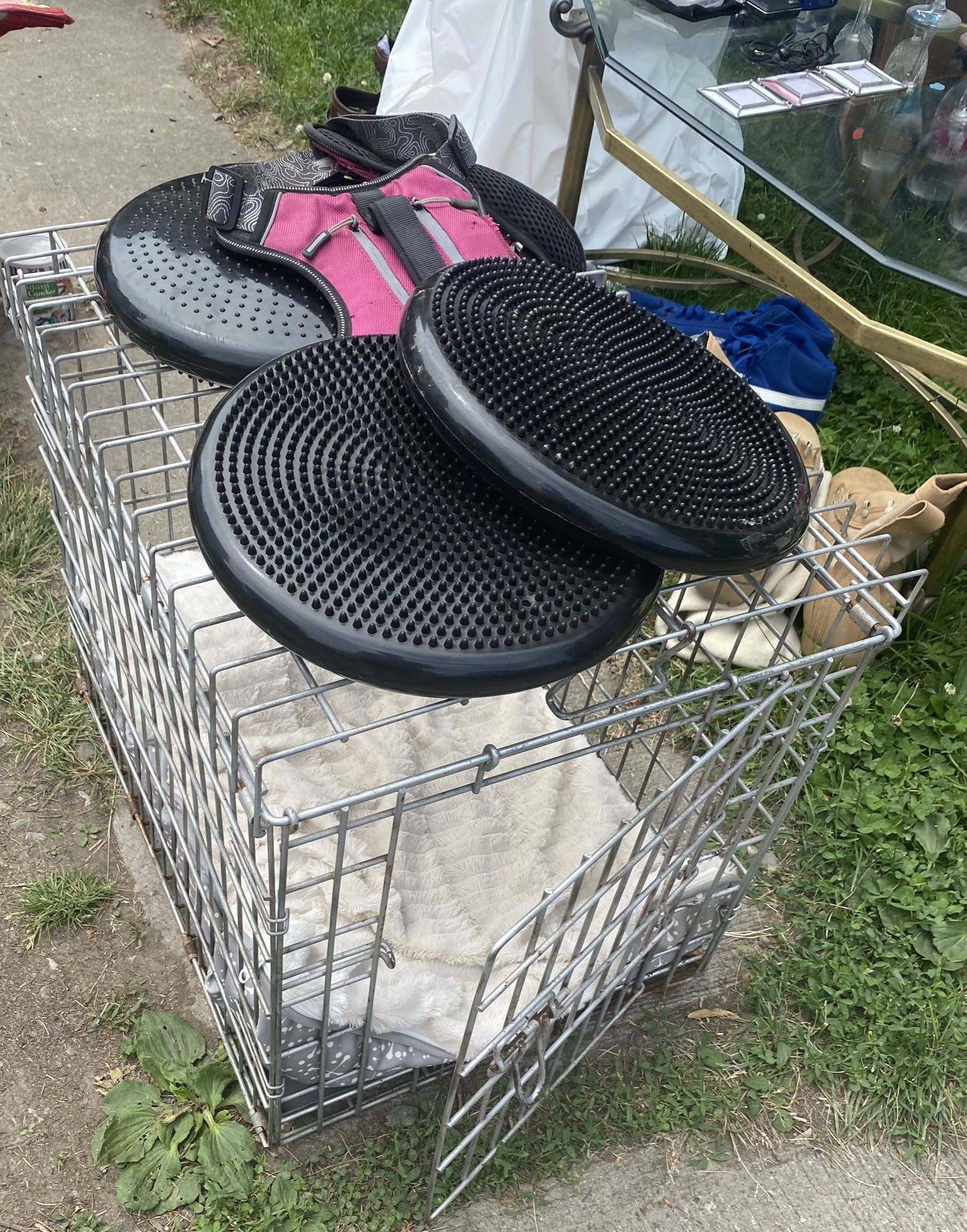 Adjustable bed frame, NWOT, $20. Shoes And boots, $5 a pair. Dog kennel with bed, $25