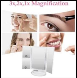 Lighted Makeup Mirror, Vanity Mirror with 24 LED Lights and Magnification, Tri-fold Countertop Magnifying Mirror with Touch Dimmer, Battery and USB Po Thumbnail