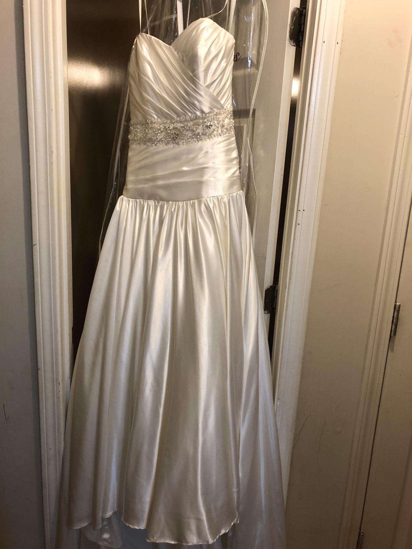 Strapless white satin wedding dress size 2