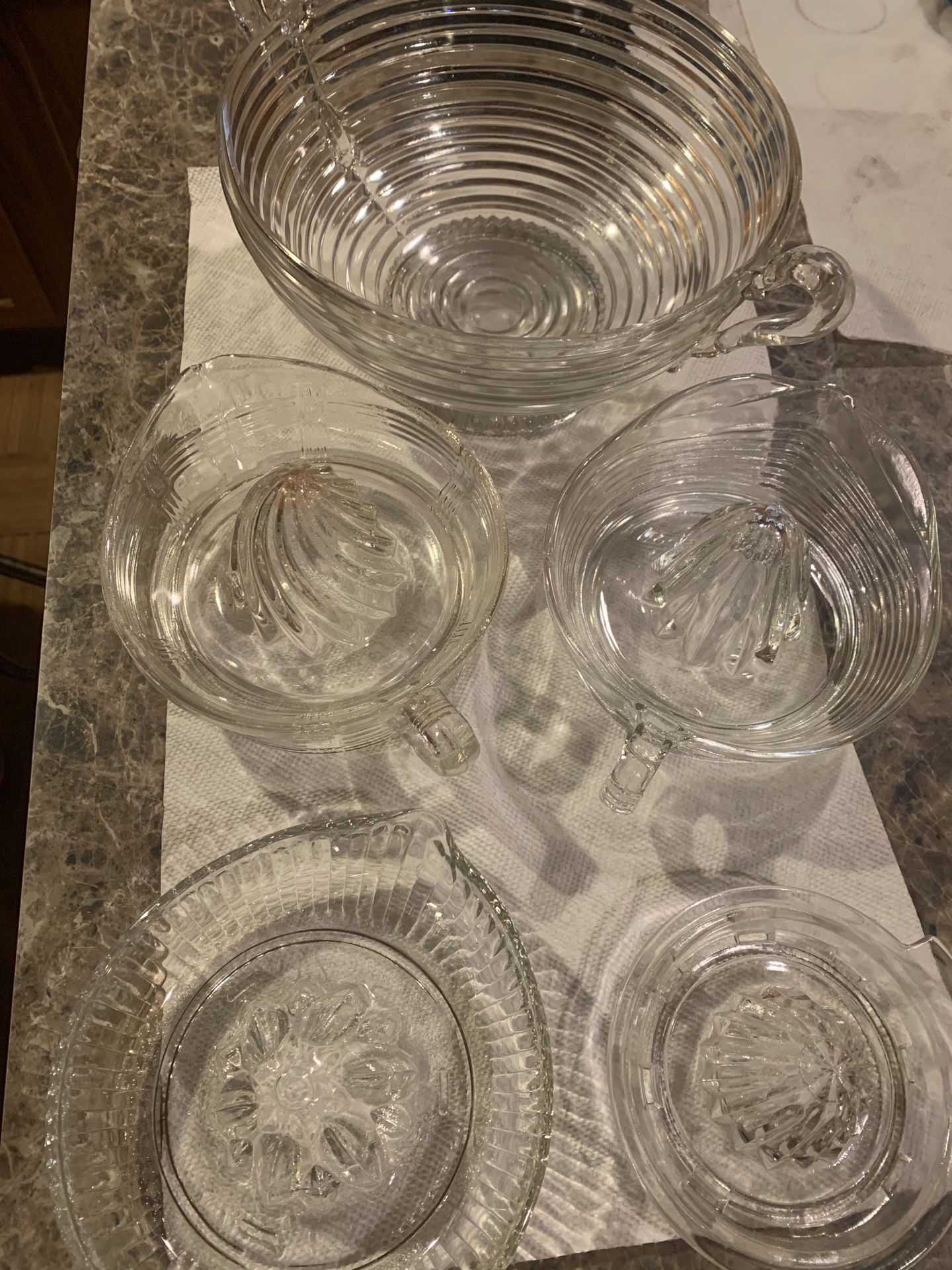 Beautiful etched glass juice strainers and dipping bowl