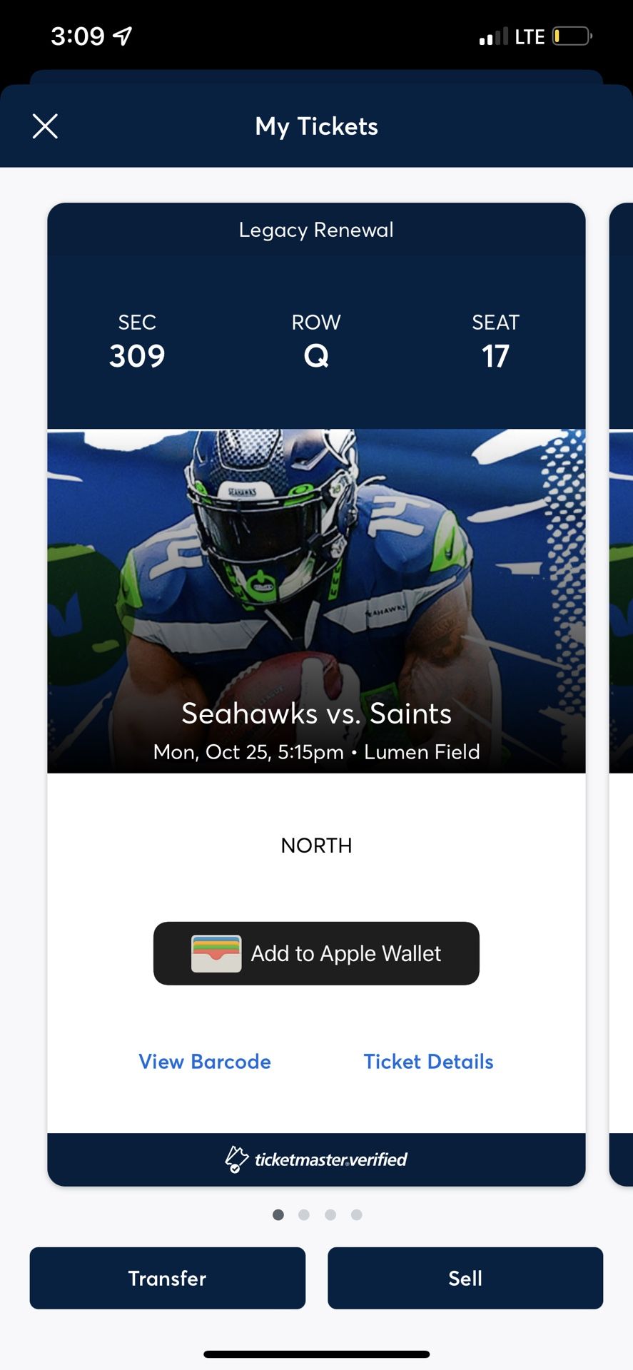 Seahawks Vs Saints- Below Face Value, 50 Yard Line MNF