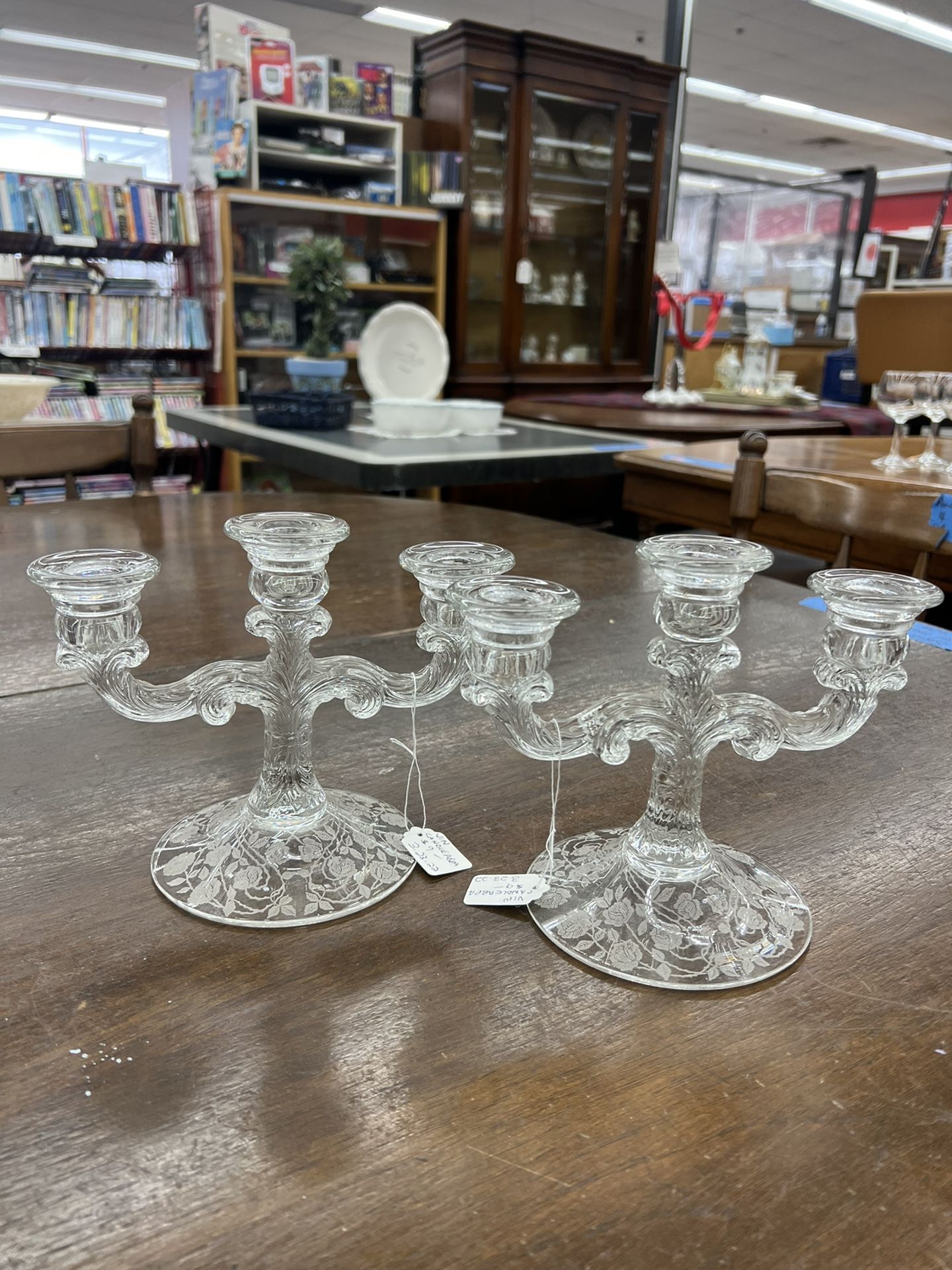 Vintage Candelabra With Beautiful Etched Flowers At Base