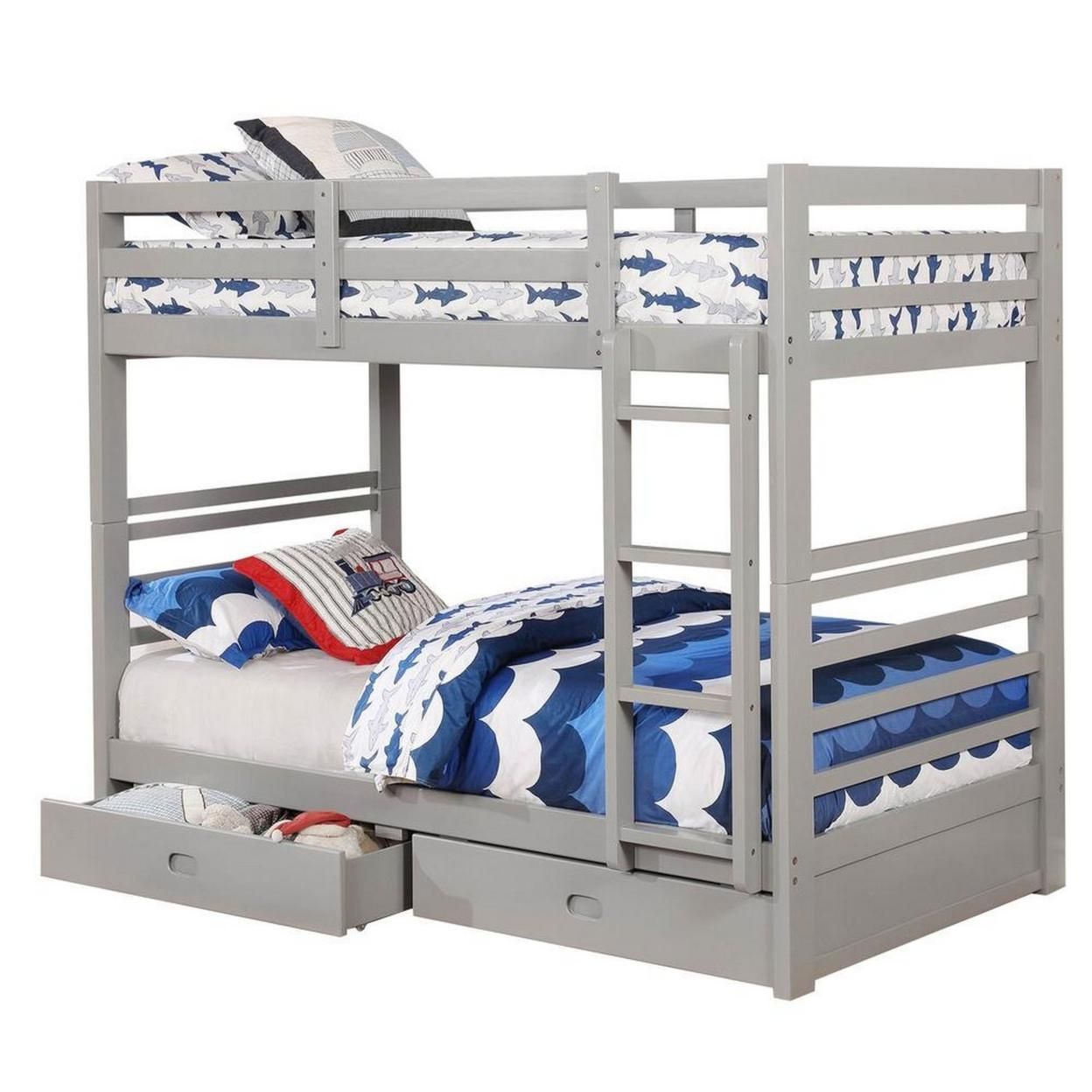 Saltoro Sherpi Transitional Twin Over Twin Bed with Attached Ladder and Drawers, Gray
