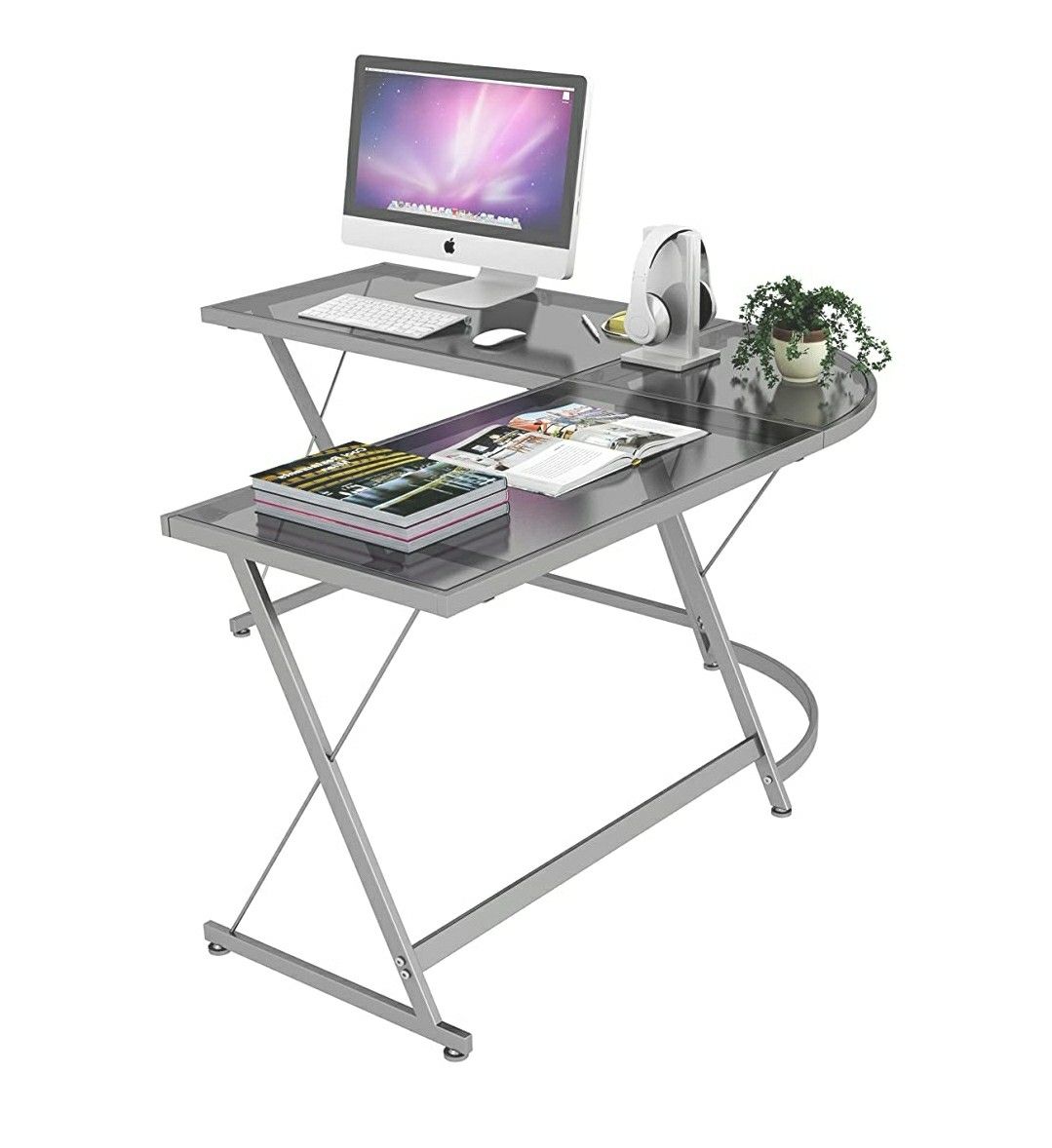 Modern Nickel Silver Finish Corner L Desk (Steel and Glass)