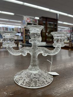 Vintage Candelabra With Beautiful Etched Flowers At Base Thumbnail
