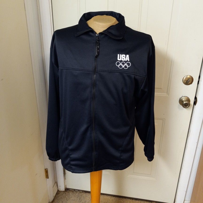 USOC Men's XL Track Warm Up Jacket Full Zipper 2 Pockets Made In USA Black GUC