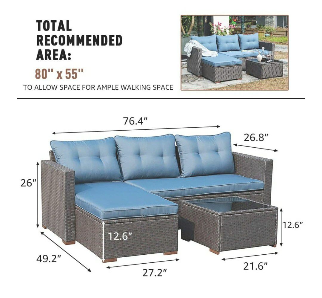 Conversation Set, PE Wicker/ Rattan Outdoor Furniture Set, 2 Ways Sectional Sofa Lounge& Love Seat w/ Cushions (Grey, Blue & Tan)
