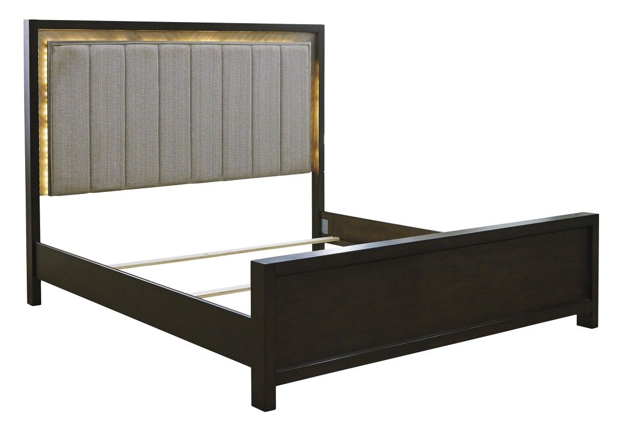 😺Maretto Brown-Silver LED Queen Panel Bed