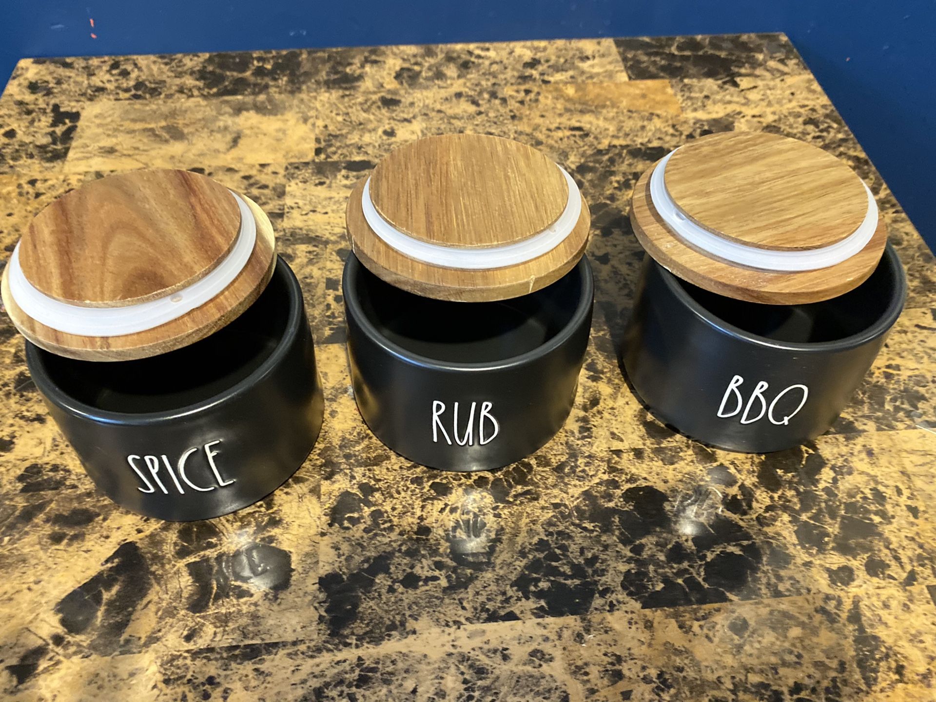 Rae Dunn Ceramic Spice Jar set with wood tops