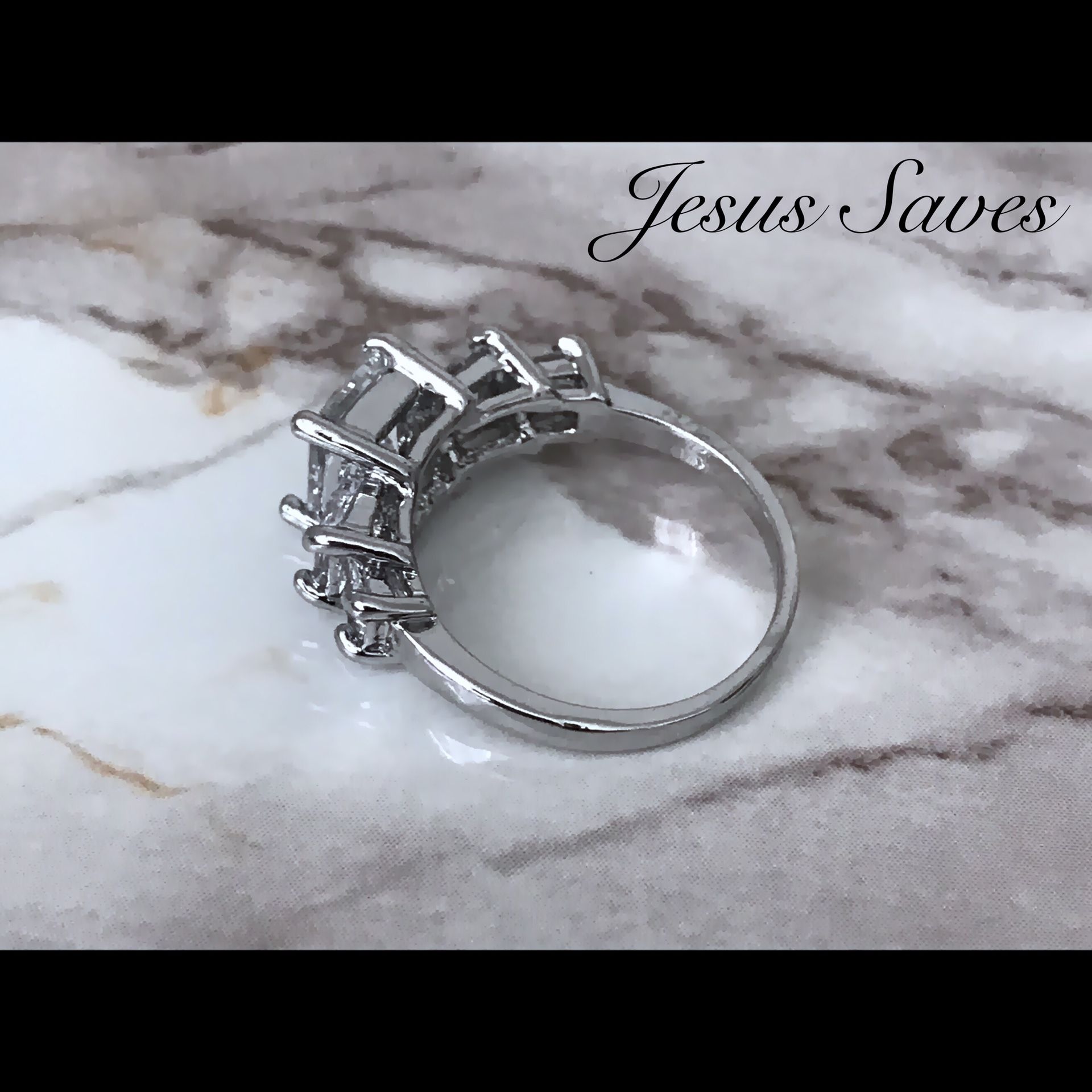Elegant Silver Tone Princess Cut Ring Size 9 & 10