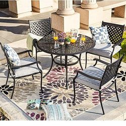 LOKATSE HOME 5-Piece Outdoor Patio Metal Dining Set with Iron Armrest Cushioned Chairs and Steel Round Table with Umbrella Hole, Grey
 Thumbnail
