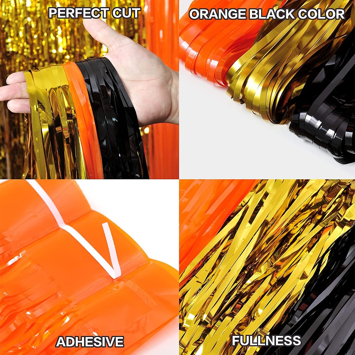 3 Packs Halloween Tinsel Foil Fringe Curtains Black Orange Gold with 8 Pcs Pull Flag Halloween Theme Party Supplies for Halloween Party Photo Backdrop