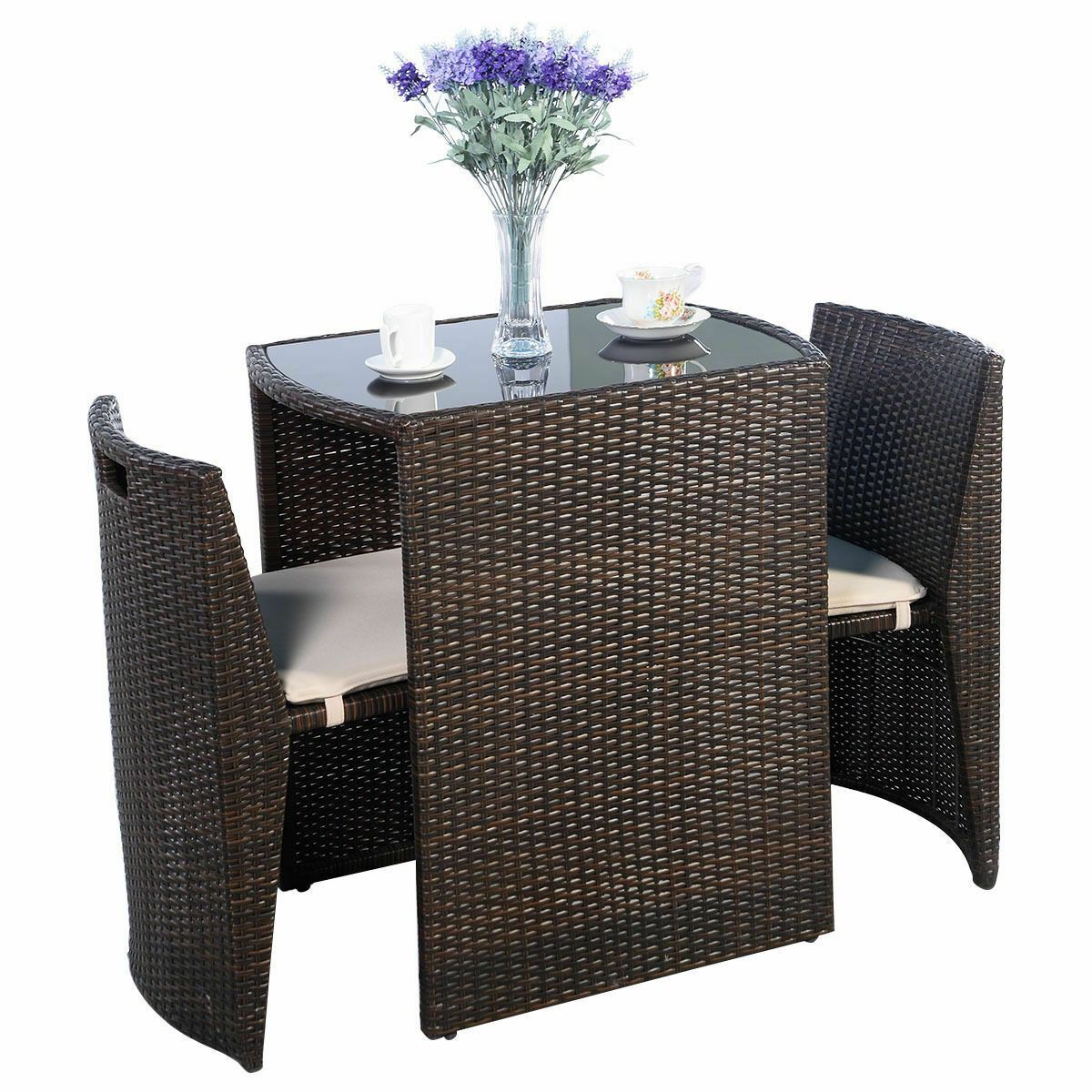 3 Pcs Cushioned Outdoor Wicker Set For Garden Lawn Patio (Brown)