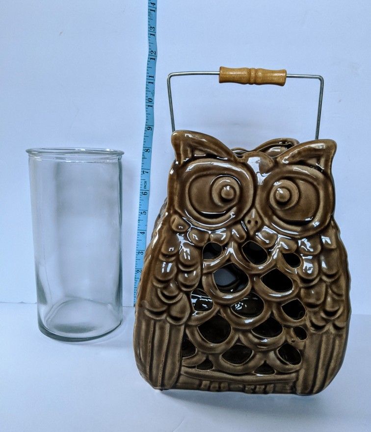 Owl Lantern, Ceramic Glass Piller Candle Holder, New
