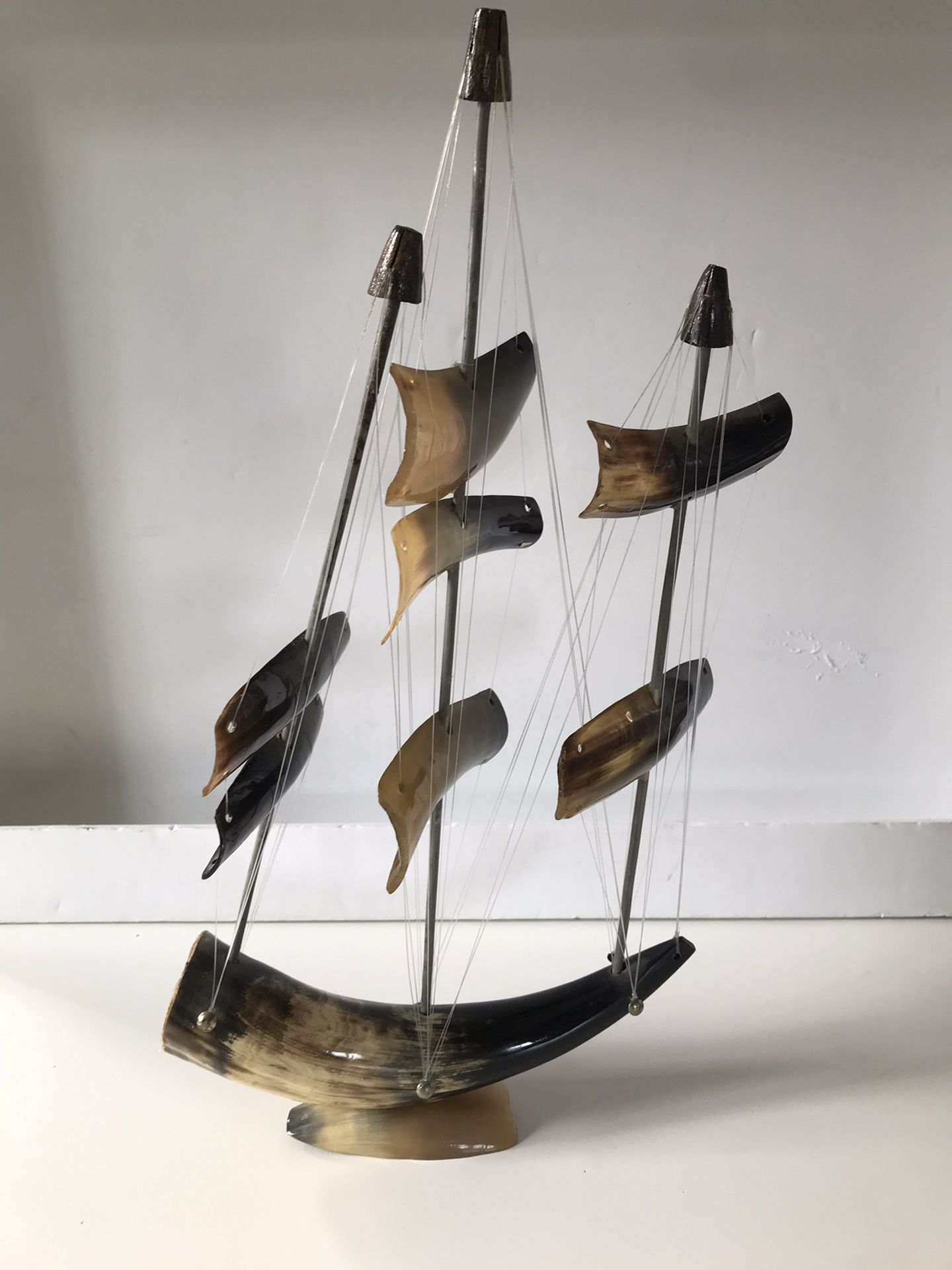 Handcrafted Sail Ship Cow Horn 3 Masts Nautical Decor Souvenir. Height 18in, length 10in.