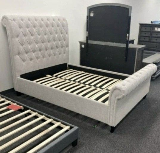 Best Deal - $39 Down👍Kate Gray Upholstered Queen Sleigh Platform Bed