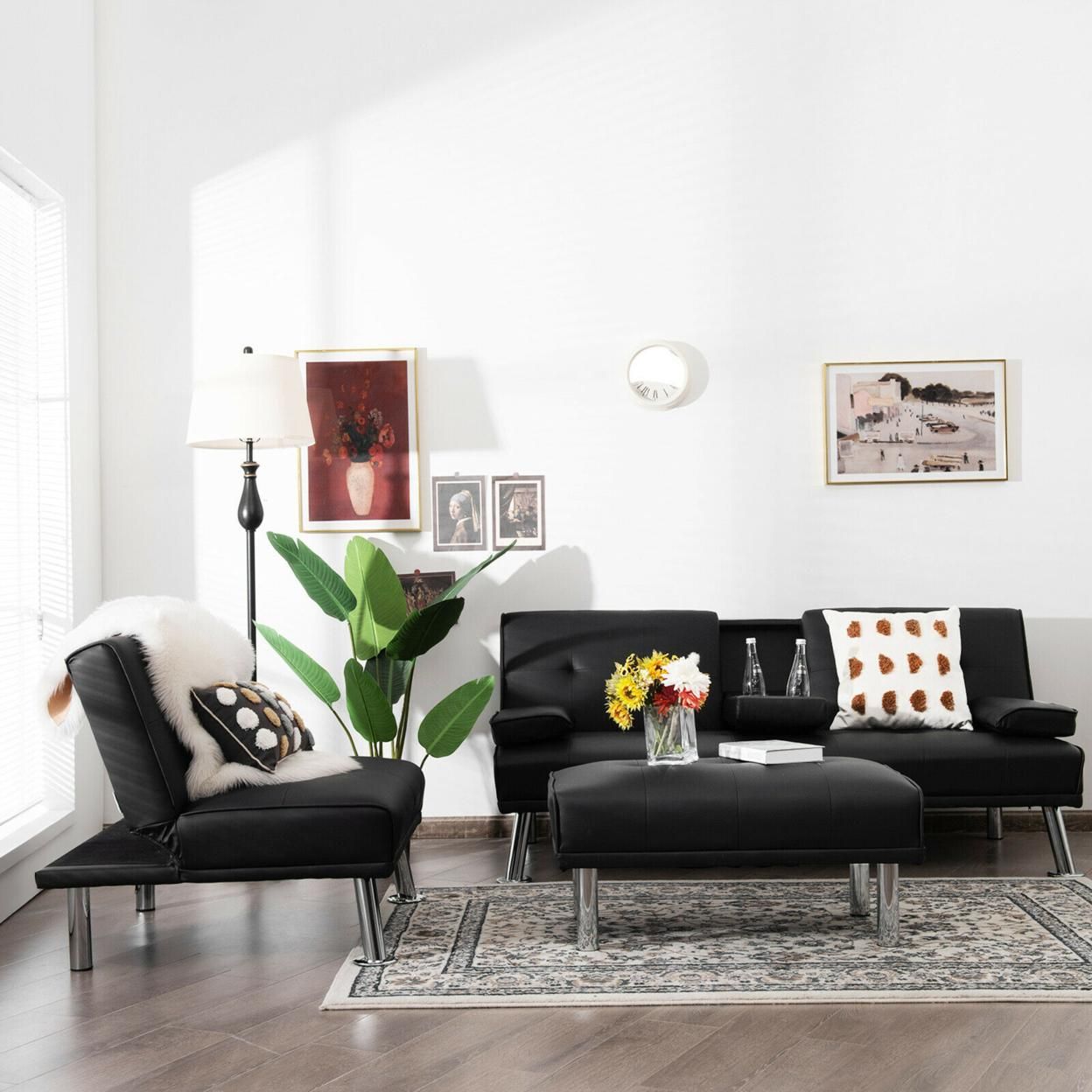 Gymax 3-Piece Sectional Sofa Set Convertible Futon w/Single Sofa & Ottoman Black