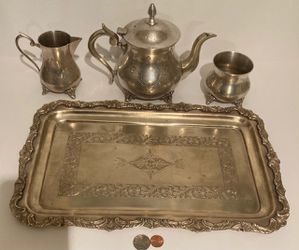 Vintage Metal Silver Teapot Set, Serving Tray, Heavy Duty, 15 1/2" x 10" Tray Size, Home Decor, Kitchen Decor, Table Display, Shelf Display Thumbnail