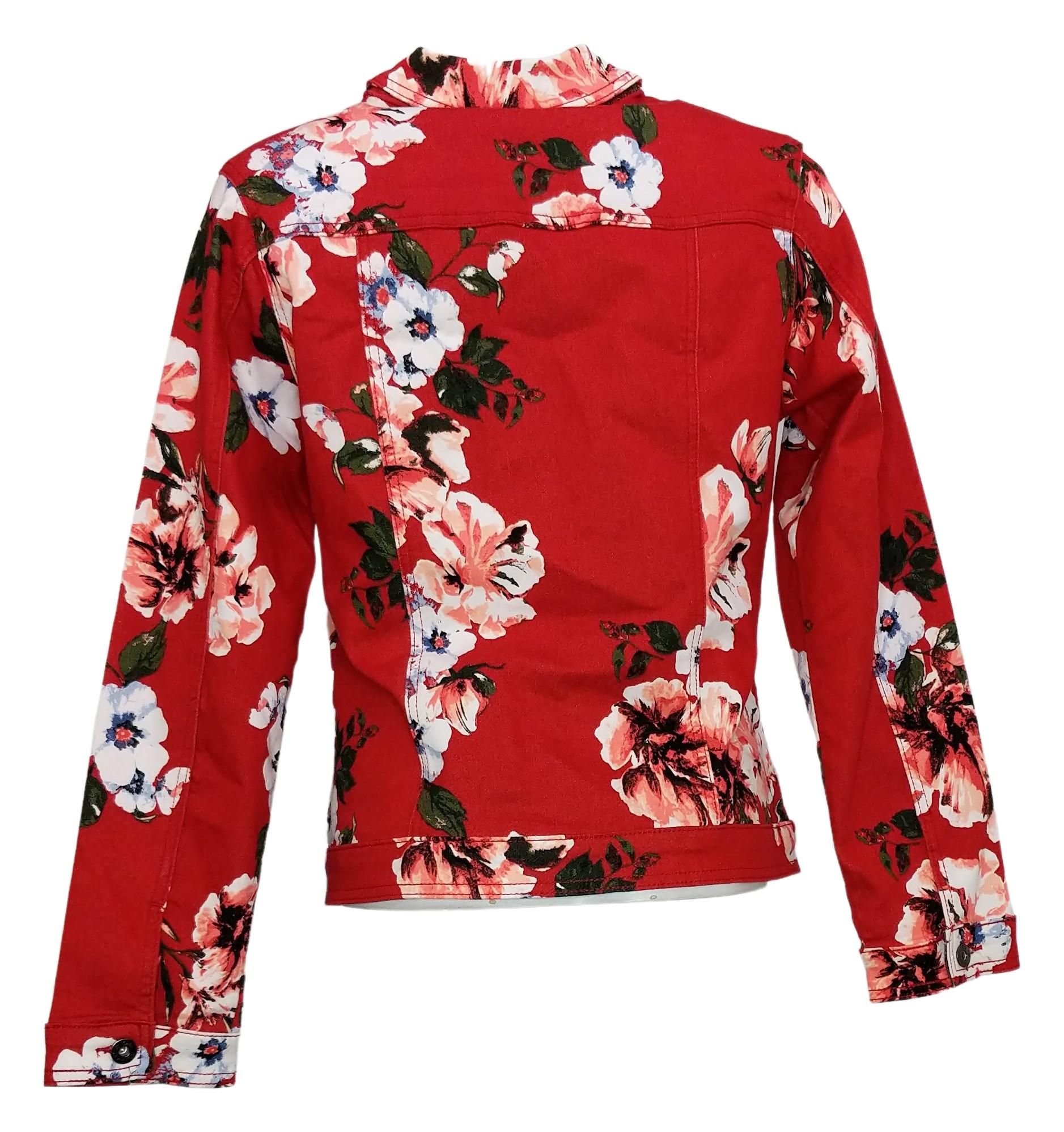 DG2 by Diane Gilman Women's Sz M Floral Print Denim Jacket Red 646504